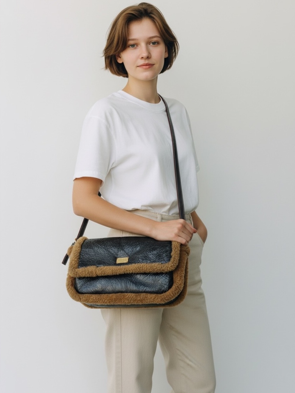 Frances Valentine Mia Crinkled Leather & Shearling Baguette Bag - Black & Camel